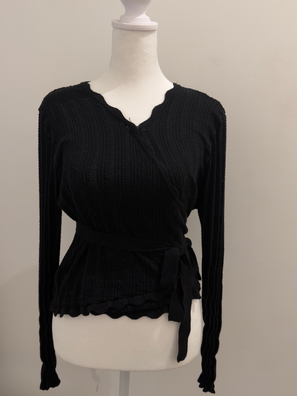 Black Ribbed Wrap Knit Top with Waist Tie #y2k